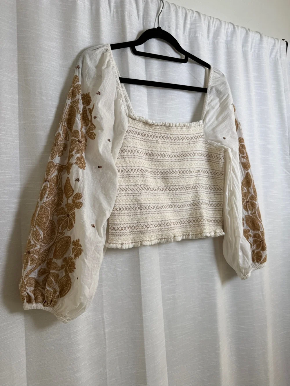 Anthropologie Embroidered Smocked Puff Sleeve Top Ivory | Size XS